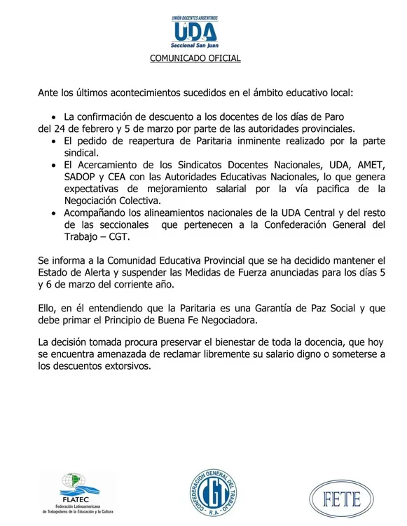 Comunicado de UDA suspendiendo medidas de fuerza