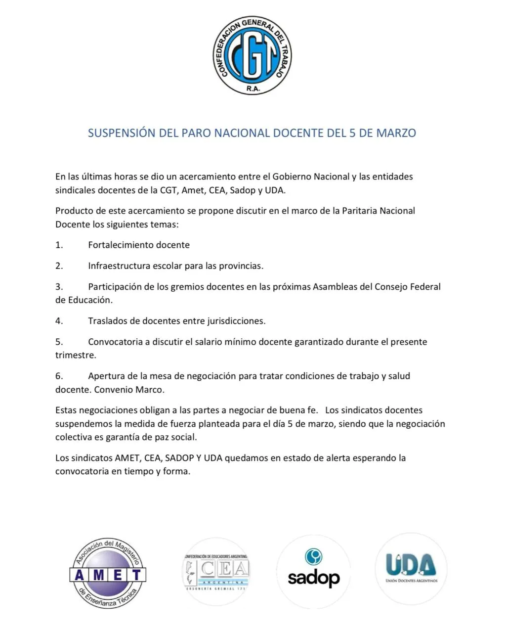 Comunicado de la CGT